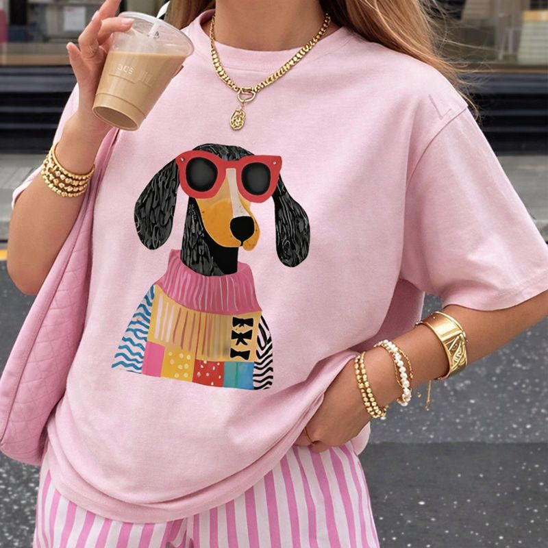 Camiseta Oversize Rosa Mujer con Estampado de Perro