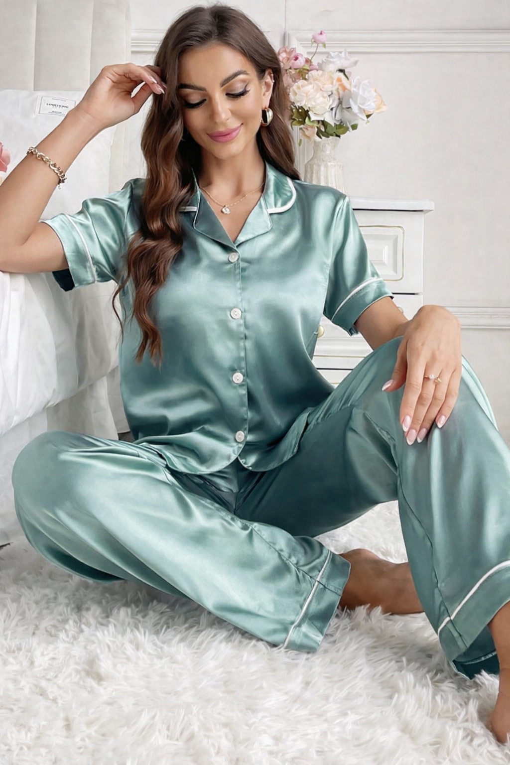 Pijama en Satín para Mujer – Color Aguamarina