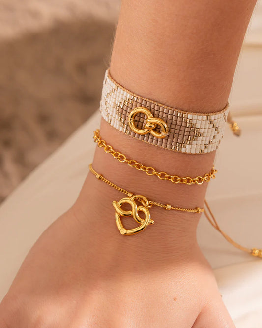 Set X3 Pulseras Tejidas Eslabon Lazo + Aretes